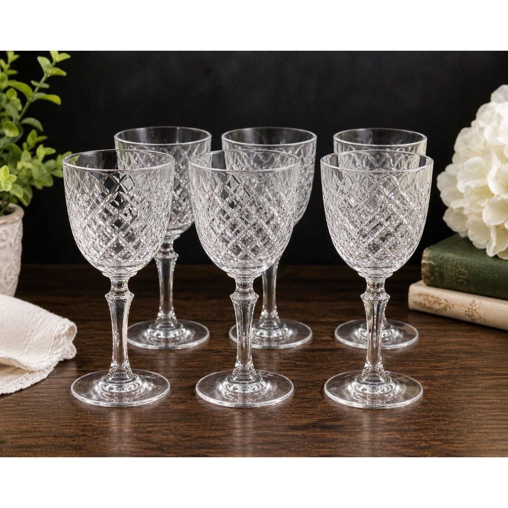 Baykal Crystal Water Goblets Set of 6 Diamond Cut Wine Glasses